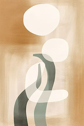 Wadi Home abstract organic shapes wall art in warm earthy tones and grey-green accents, framed.