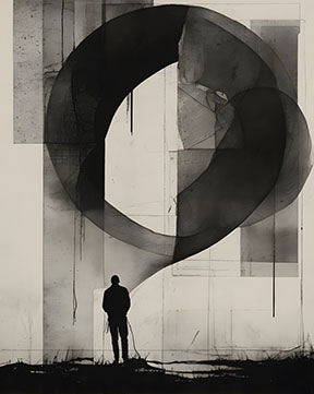 Wadi Home abstract monochromatic wall art featuring a solitary figure silhouetted against a large, dark, abstract shape.