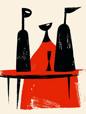 Wadi Home abstract wall art with black figures on a red table against a cream background. Modern minimalist design.