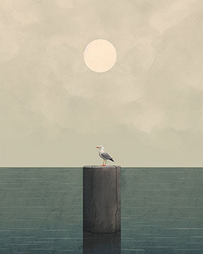 Wadi Home minimalist artwork of a seagull on a post against a hazy sky and calm water. Muted colors, serene coastal theme.