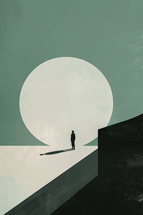 Wadi Home minimalist landscape wall art with muted green and cream palette, featuring a solitary figure against a large circle.