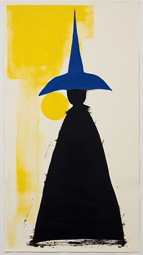 Wadi Home abstract wall art featuring a black figure in a blue pointed hat against a yellow and cream background.