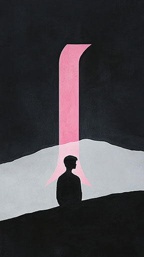 Wadi Home abstract wall art with black background, pink archway, and silhouette of a person. Modern minimalist design.