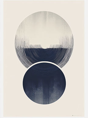 Wadi Home abstract wall art with navy and cream overlapping circles, textured graphic style.