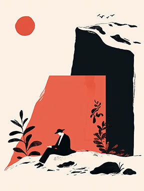 Wadi Home abstract wall art with a lone figure in black contemplating a landscape in coral, black, and cream.