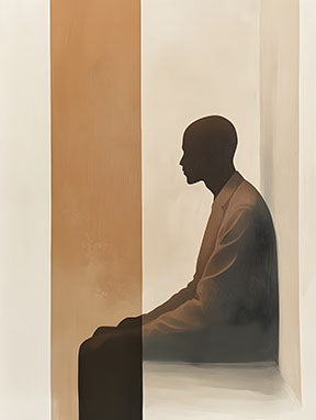 Wadi Home abstract wall art: silhouette of a person in profile against a neutral, striped background.