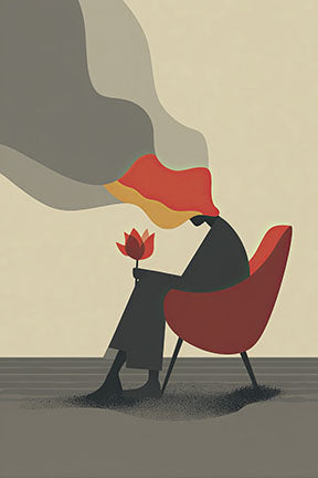 Wadi Home abstract wall art of a woman in a red chair holding a flower, with muted colors and minimalist design.