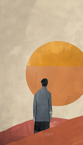 Wadi Home abstract landscape wall art with a lone figure in a grey jacket gazing at an orange sunset. Earthy tones.