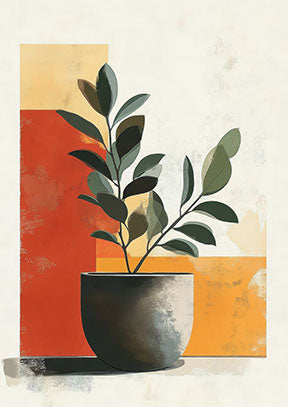 Wadi Home abstract potted plant wall art with terracotta, yellow, green, and gray geometric shapes.