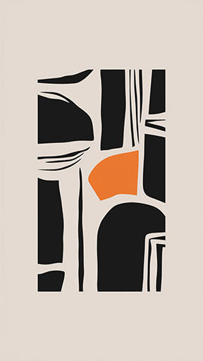 Wadi Home abstract geometric wall art with black shapes and orange accent on cream background.