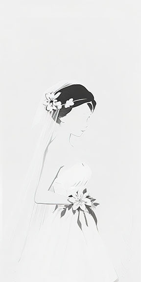 Wadi Home minimalist line art of a bride in a wedding dress holding flowers and wearing a veil.