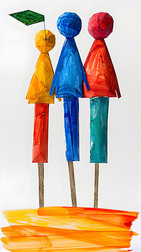 Wadi Home abstract wall art with three figures in red, blue, and yellow on sticks, with orange brushstrokes below.