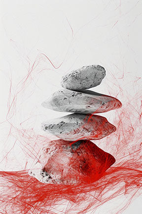 Wadi Home Zen Stone Stack Wall Art featuring balanced grey stones with red abstract brushstrokes, perfect for meditation spaces.