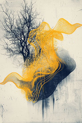 Wadi Home abstract swirl tree wall art with navy and yellow hues, modern artistic design.