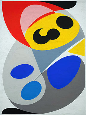 Wadi Home abstract geometric wall art with red, yellow, blue, gray, and black shapes. Modern art for living room.