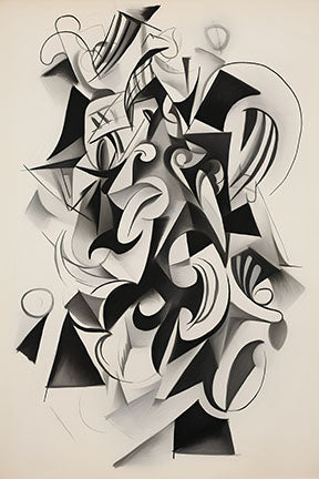 Wadi Home abstract geometric wall art in black and white, featuring dynamic shapes and bold lines, perfect for modern interiors.