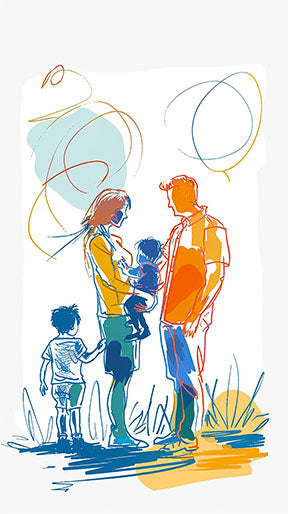Wadi Home abstract family portrait wall art with orange, blue, and yellow abstract lines and figures of parents holding children.