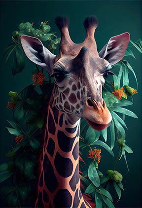 Wadi Home Giraffe portrait artwork with lush green foliage and orange accents, featuring a giraffe's gentle gaze.