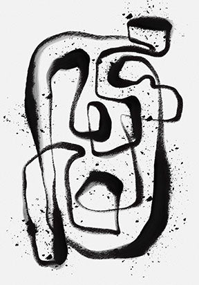 Wadi Home abstract line art canvas print with bold black brushstrokes and spray paint splatters on white background.