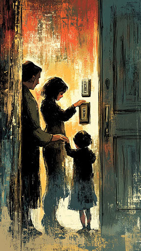 Wadi Home canvas print of a silhouetted family at a doorway, with warm abstract light and textured brushstrokes in orange, blue, and yellow.