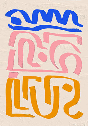 Wadi Home abstract wall art with blue, pink, and orange organic shapes on a textured cream background.