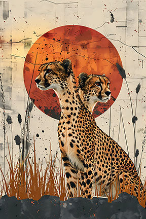 Wadi Home wall art featuring two cheetahs silhouetted against a textured orange sunset with tall grass.