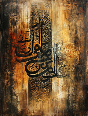 Wadi Home abstract Islamic calligraphy wall art in warm earth tones with black Arabic script on a textured background.