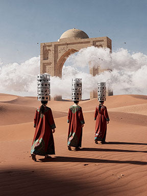 Wadi Home art print: Three figures in red robes carry burdens on their heads across a desert landscape towards an ancient archway with a domed structure.