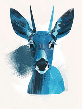 Wadi Home abstract blue deer portrait wall art with bold brushstrokes, modern minimalist design.