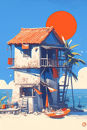 Wadi Home artwork of a multi-story beach house with a terracotta roof, kayak on sand, and bright orange sun.