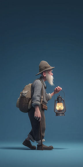 Wadi Home wall art of a cartoon old man with a backpack and lantern, wearing a hat and plaid shirt.