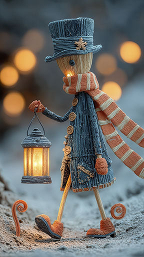 Wadi Home Whimsical winter character in blue coat, striped scarf, and hat holding a glowing lantern.