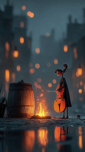 Wadi Home artwork of a cellist playing by a fire in a bokeh-lit city street at night. Warm firelight reflects on wet pavement.