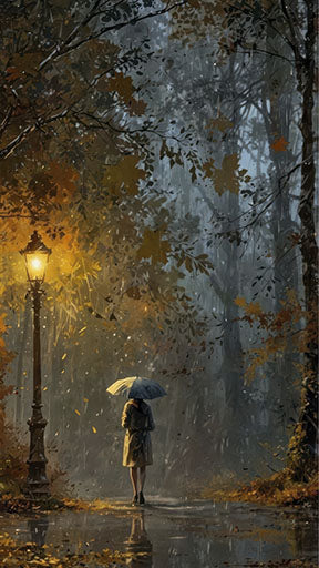 Wadi Home autumn rain walk under lamplight wall art. A figure with an umbrella walks down a path in fall foliage, illuminated by a lamppost.