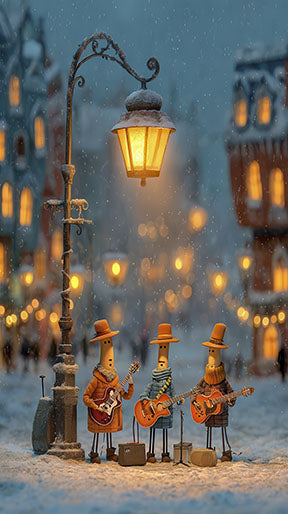Wadi Home street musicians artwork featuring three whimsical characters playing guitars under a vintage streetlamp in a snowy European town.