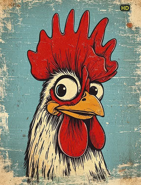 Wadi Home whimsical rooster portrait wall art with red comb and bold eyes on distressed teal background.