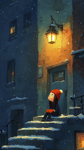 Wadi Home winter evening scene wall art with child in red hat sitting on snow-covered steps, illuminated by a lantern.
