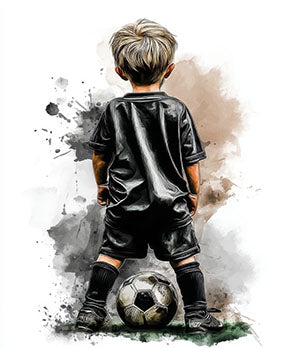 Wadi Home artwork of a young boy in a black soccer uniform with a ball at his feet, watercolor style.