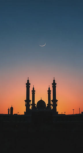 Wadi Home Islamic Mosque Silhouette Wall Art with crescent moon and sunset sky. Majestic Islamic architecture.