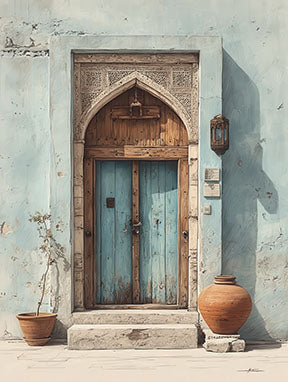 Wadi Home Ornate archway with distressed blue double doors, intricate carvings, and terracotta pots on a textured light blue wall.