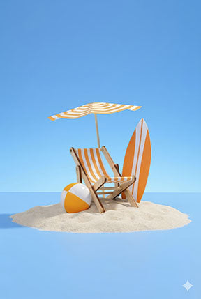 Wadi Home beach chair, umbrella, surfboard, and beach ball on sand against blue sky wall art.
