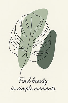 Wadi Home abstract monstera leaf line art with sage green shapes and quote "Find beauty in simple moments" on cream background.