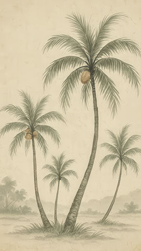 Wadi Home vintage-style palm tree landscape wall art in muted green and beige tones, pencil illustration.