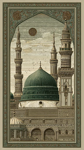 Wadi Home Islamic mosque architectural print with green dome and minarets, detailed vintage style.