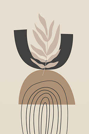 Wadi Home abstract botanical arch wall art with earthy tones and minimalist design. Features a beige background with black, brown, and tan abstract shapes and a leaf motif.