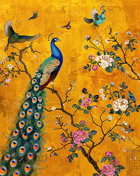 Wadi Home peacock and birds on a branch wall art with golden background and pink flowers.