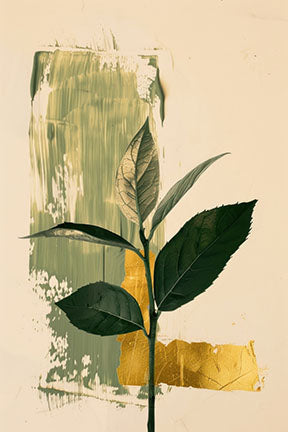 Wadi Home Botanical Abstract Wall Art featuring green leaves on a cream background with olive green and gold leaf accents.