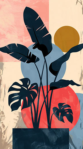 Wadi Home abstract botanical plant art with dark blue foliage, red, blue, and neutral geometric shapes.