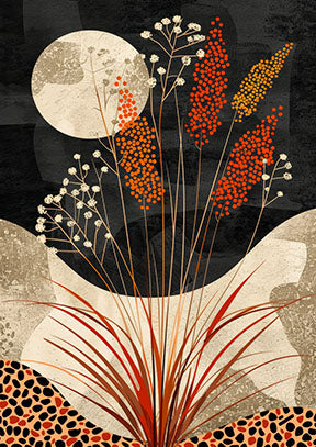 Wadi Home Abstract Botanical Moonscape Wall Art with orange and cream floral elements on black background.