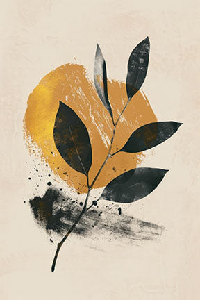 Wadi Home abstract botanical leaf wall art with deep green leaves, golden sunburst, and textured background.